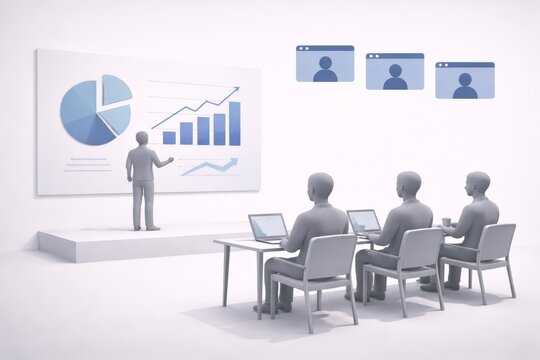 Minimal 3D illustration of a presenter explaining pie and bar charts on a large screen to an audience using laptops, symbolizing data analysis, financial growth, and corporate reporting.