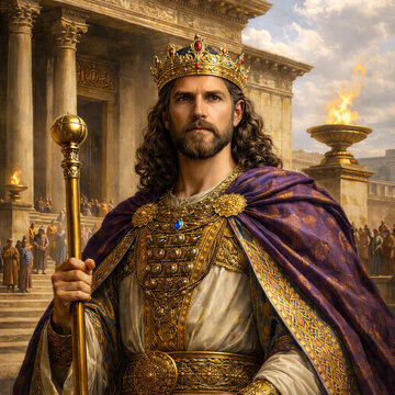 Biblical King Solomon in crown near temple, ceremonial historical portrait of ruler of Israel, religious atmosphere of wisdom, power and glory, artistic interpretation of Old Testament story