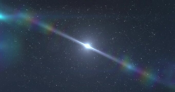 Star-like source brightening and sending diagonal beam, creating rainbow flares from exposure rise