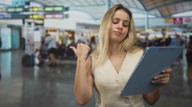 Young blonde woman holding clipboard with thumb pointing backward toward departure gates in busy airport terminal; indifference.