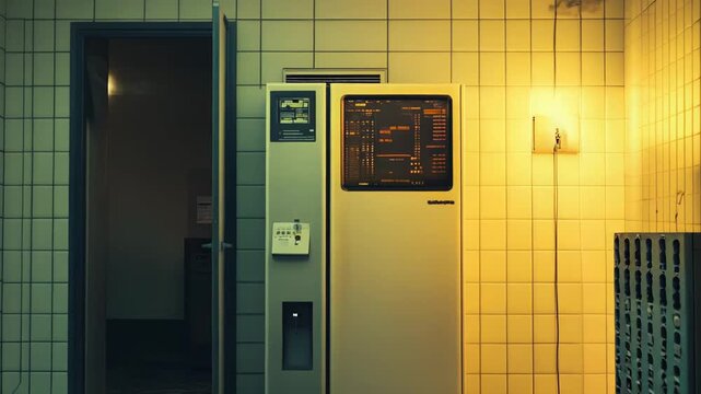 Retro computer equipment filling a tiled server room with warm and cool lighting, creating an eerie and liminal atmosphere from a bygone technological era