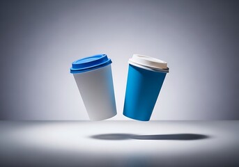 Floating coffee cups in blue and white with a minimalist studio lighting setup