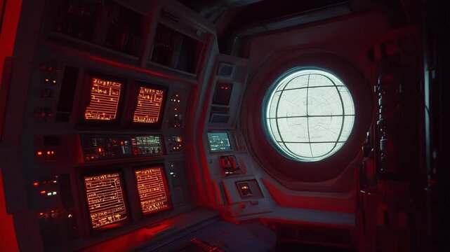 Spaceship cockpit interior glowing with red emergency lights and displaying futuristic data on multiple screens, offering a view of space through a round porthole window