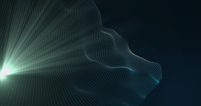 3D wireframe reacting as teal point appearing, sending fan beams rightward, highlighting ridges