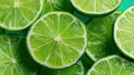 Tranches de citron vert frais dispos&eacute;es en motif color&eacute; et juteux