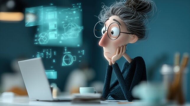 Personnage anim&eacute; pensif devant ordinateur avec hologrammes technologiques