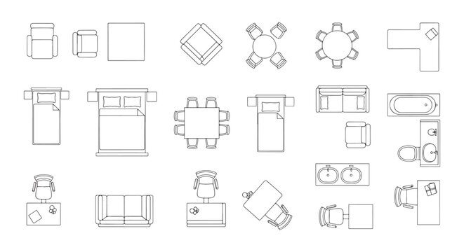 Furniture Floor Plan Icons Top View, Bedroom Living Room Dining Bathroom Fixtures Outline