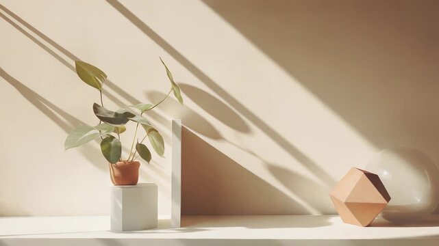 Minimalist interior design presenting a potted plant and geometric decor items on a shelf, highlighting sunlit shadows and neutral tones, creating a serene and aesthetic home environment