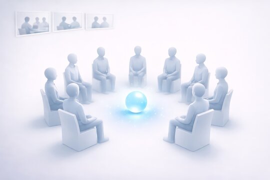 Minimal 3D illustration of professionals seated in a circle around a glowing sphere, symbolizing team collaboration, shared vision, collective intelligence, brainstorming, and strategic alignment.