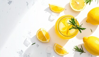 Bright yellow lemonade in a mason jar with ice cubes and a sprig of rosemary.