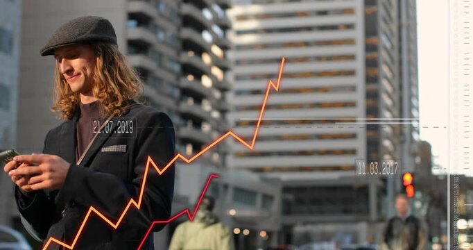Man standing on street tapping smartphone, adjusting cap while tracking finance charts overlaying