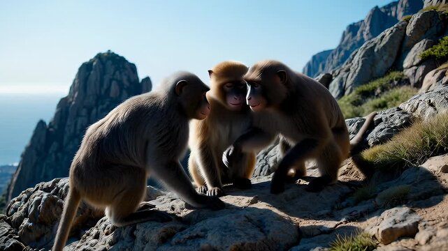 Three Monkeys Interacting on Rocky Mountain Slope, Enjoying Nature and Sunshine