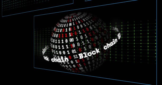 Magenta pulse starting spin, binary sphere rotating, Block chain ribbon scrolling to show data flow