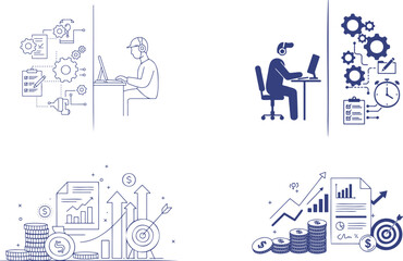 Fototapeta premium Set of four schematic illustrations depicting business growth strategic planning and financial success with icons of charts graphs coins gears and target symbols conveying concepts of productivity