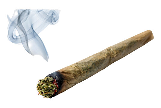 Hand rolled cannabis joint with smoke on white background for relaxation and wellness design