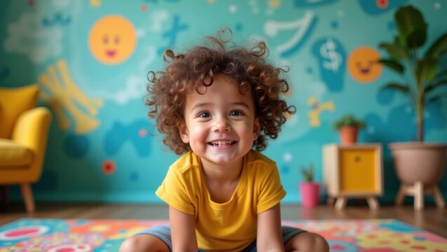 Ni&ntilde;o sonriente sentado c&oacute;modamente sobre una alfombra colorida en una animada sala de terapia
