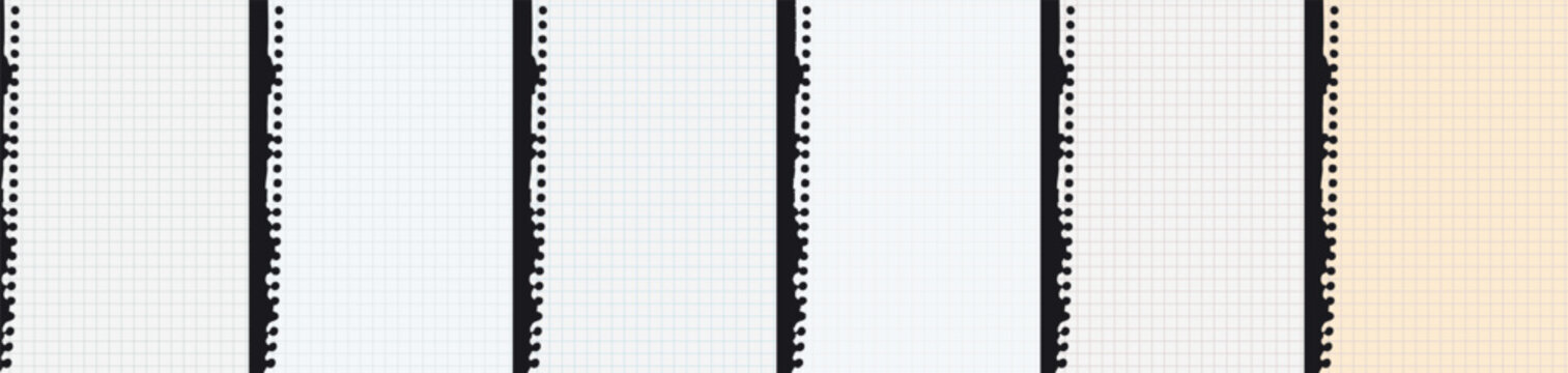 Torn sheets set of grid checkered paper with binder holes along the margin. Graph paper sheet texture vertical backgrounds set. Off white, light beige, old yellow notebook pages vector illustration