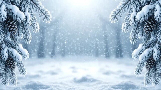 Snow-covered pine branches frame a serene winter landscape with snowflakes gently falling in a frozen forest scene viewed from a tranquil vantage point