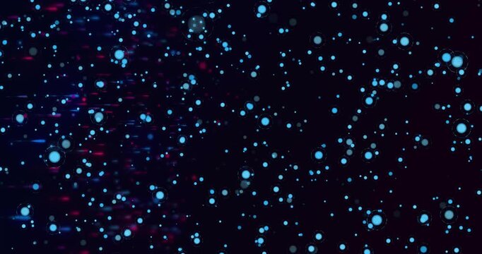 Left-side glow rising, glowing cyan-blue particles multiplying and pulsing, forming layered depth