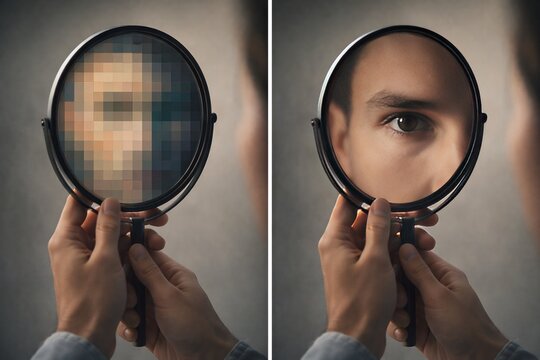Split image of a person holding a round mirror showing a pixelated blurred face on one side and a sharp clear eye on the other, symbolizing privacy, data protection and image resolution.