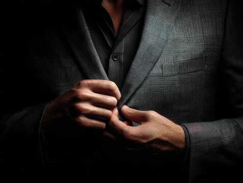 man straightening suit jacket isolated on a black background