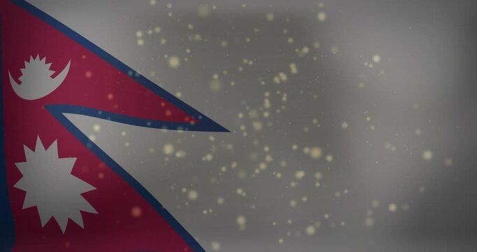 Minor pan initiating Nepal flag at left shifting while sparkles drifting, creating calm backdrop