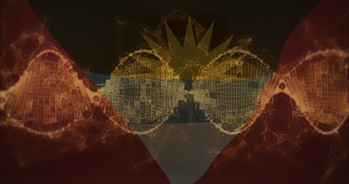Golden strands appearing, moving inward, forming pulsing helix over triangular flag, revealing grid