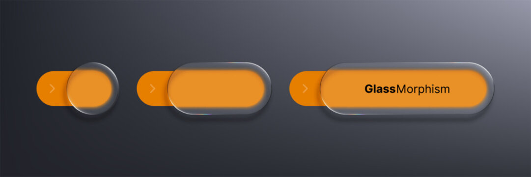 Liquid glass morphism vector interface with ui button elements. Three modern design toggles for web and mobile application.