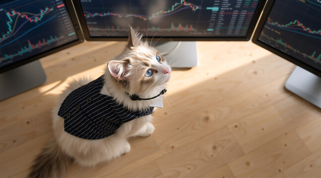 High angle view of a cat business trader looking at stock charts. Funny pet in vest and headset working in office
