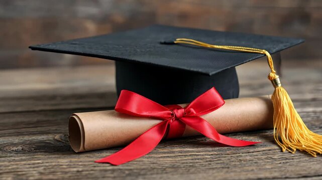 Graduation celebration with diploma and mortarboard on wooden surface