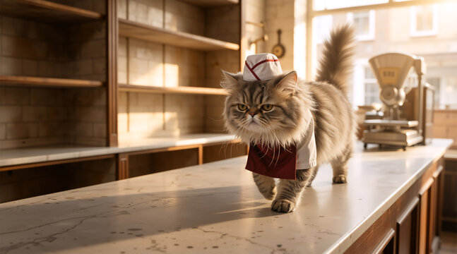 Baker cat wearing a chef hat and red apron walking on a bakery counter. Feline shop owner in a sunlit interior. Pastry chef concept. Copy space for text