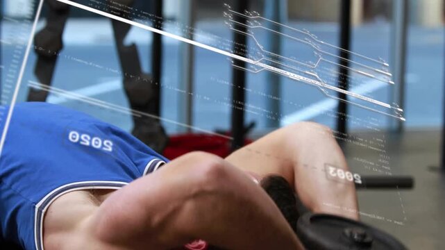 Camera revealing man on decline bench, performing pullover with plate, HUD timeline for fitness