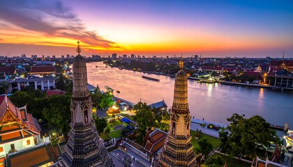 Fototapeta premium Bangkoks Chao Phraya River at Sunset - A Stunning Aerial View.