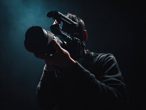 videographer holding camera isolated on a black background