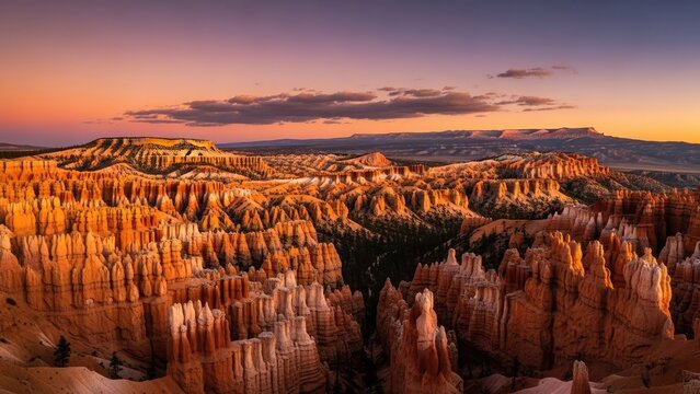 A breathtaking aerial view of Bryce Canyon at sunset with vibrant hoodoos