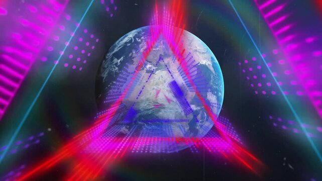 Neon pulse starting triangular frames while realistic globe rotating, showing global network focus