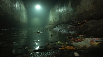 Fototapeta premium Urban sewer scene depicting water pollution, trash, and reflections on the surface