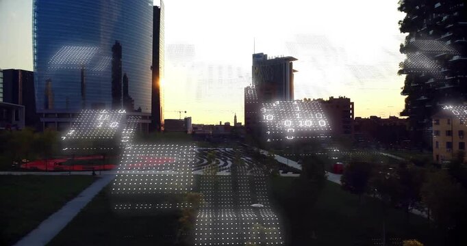 High-rise cluster shifting silhouette while sun peeking, dot grid growing and revealing park paths