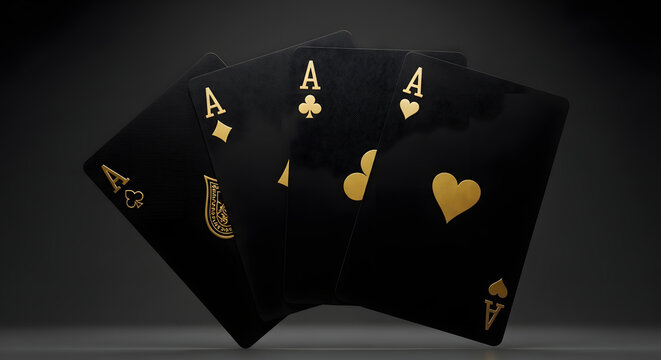 Four aces playing cards with gold symbols on black background