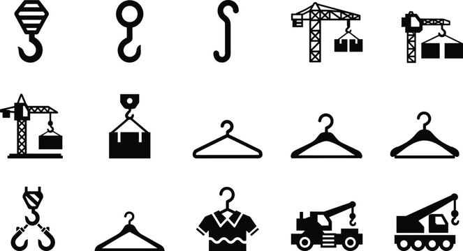 Industrial Construction Crane and Lifting Hook Icon Set Featuring Mobile Cranes Cargo Hoists And Clothing Hangers In Black Vector Style For Logistic And Hardware Design