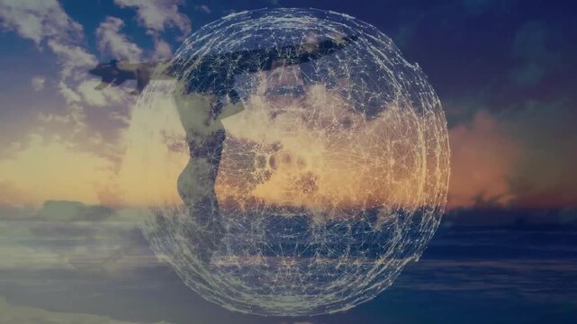 Woman with board walking shore, wire globe emerging, morphing into network encircling her, for tech