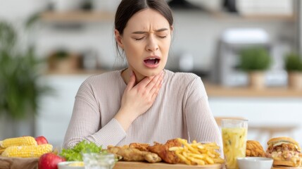 Woman experiencing food allergy reaction while eating at home. Choking sensation and throat discomfort. Concept of food intolerance, anaphylaxis risk and allergic response symptoms