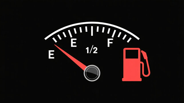 A car's fuel gauge showing the needle close to empty with a red fuel pump icon on a black background.