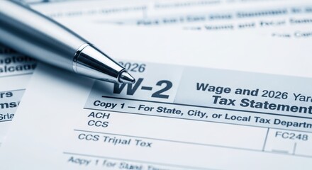 Business pen resting on wage and tax statement document for filing