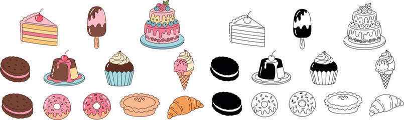 Dessert and sweet pastry icons set with cakes, donuts, cupcakes, ice cream, cookies, pies, and croissants in flat and outline vector illustration style