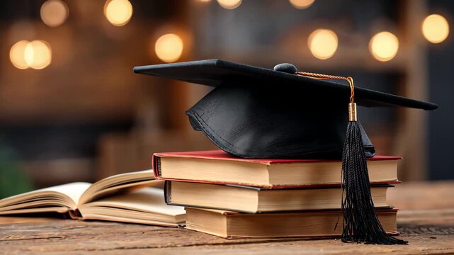 Graduation cap resting atop a stack of open books under warm lighting
