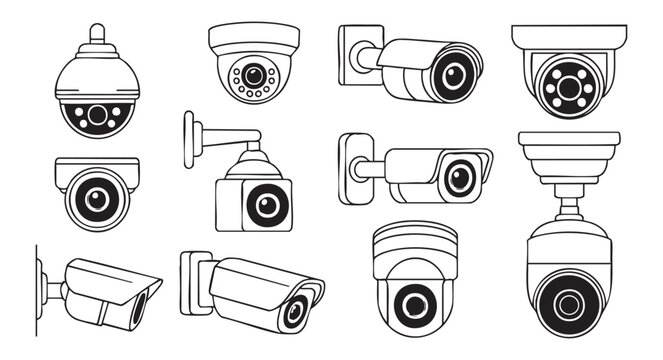 Security cameras line icon set cctv video observation system vector black linear pictograms