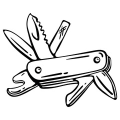Multifunctional Swiss Knife for Camping. Hand Drawn Doodle Icon
