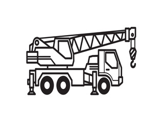 A black and white line drawing of a mobile truck crane with a boom and hook © MdSukur