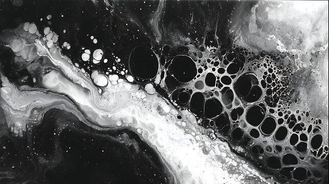 Black and White Abstract Fluid Art with Bubbles monochrome